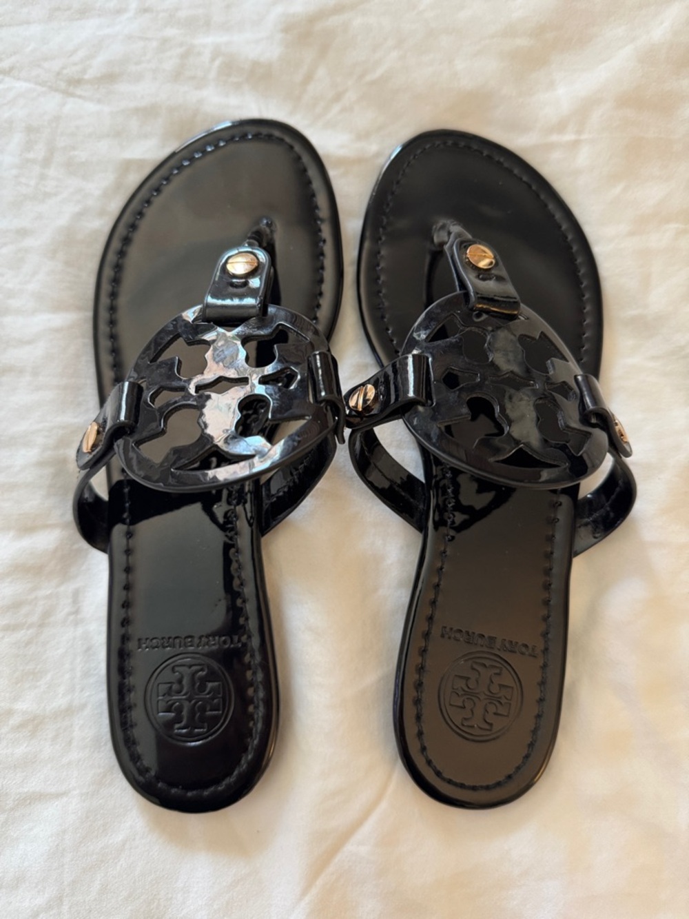 Tory Burch Black Patent Logo Thong Sandals